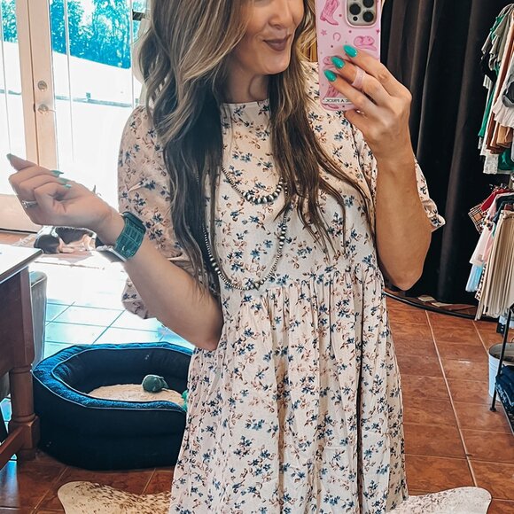 B268 Beige Floral Puff Short Sleeve Empire Waist Mini Dress - Picture 6 of 13